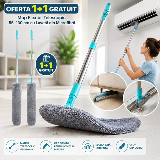 OFERTA 1+1 Mop Flexibil Telescopic 55–130 cm cu Lavetă din Microfibră