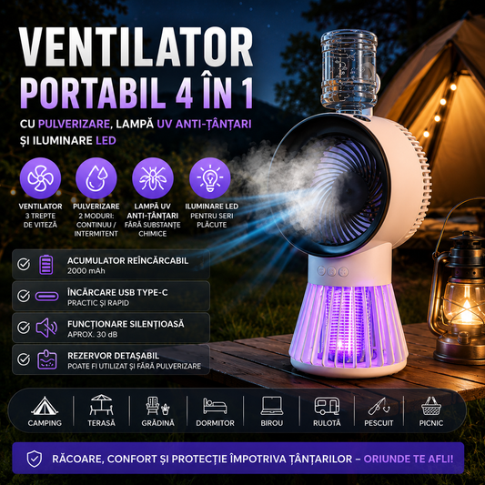 Ventilator Portabil 4 în 1 cu Pulverizare, Lampă UV Anti-Țânțari și Iluminare LED – Reîncărcabil USB
