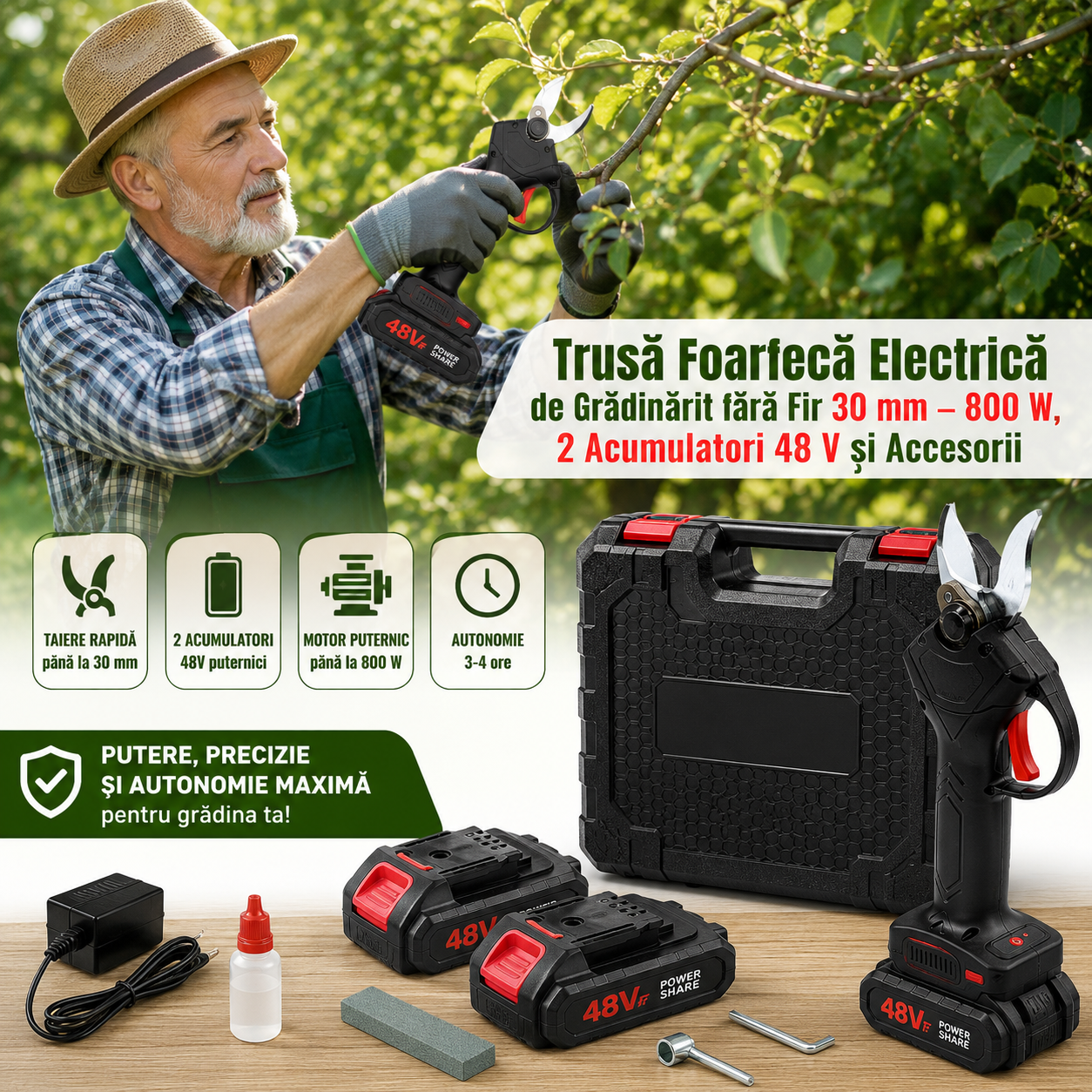 Foarfecă Electrică de Grădinărit fără Fir 30 mm – 800 W, 2 Acumulatori 48 V, Valiză și Accesorii