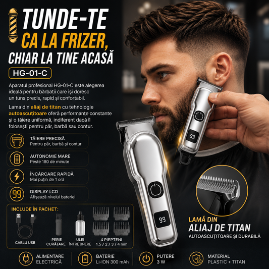 Aparat Profesional de Tuns pentru Bărbați HG-01-C cu Lamă din Titan, Display LCD și Autonomie de peste 180 de Minute