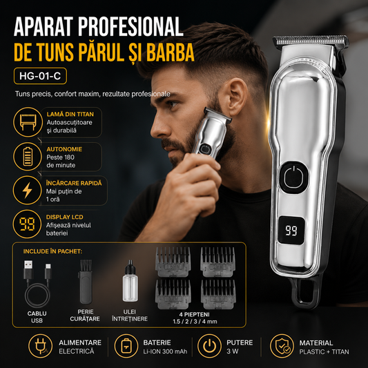 Aparat Profesional de Tuns pentru Bărbați HG-01-C cu Lamă din Titan, Display LCD și Autonomie de peste 180 de Minute