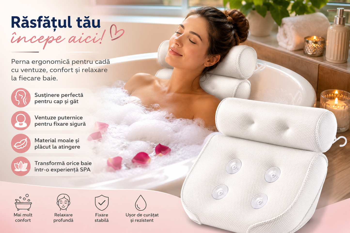 Pernă Ergonomică SPA cu ventuze pentru Cadă – Relaxare și Confort la Fiecare Baie