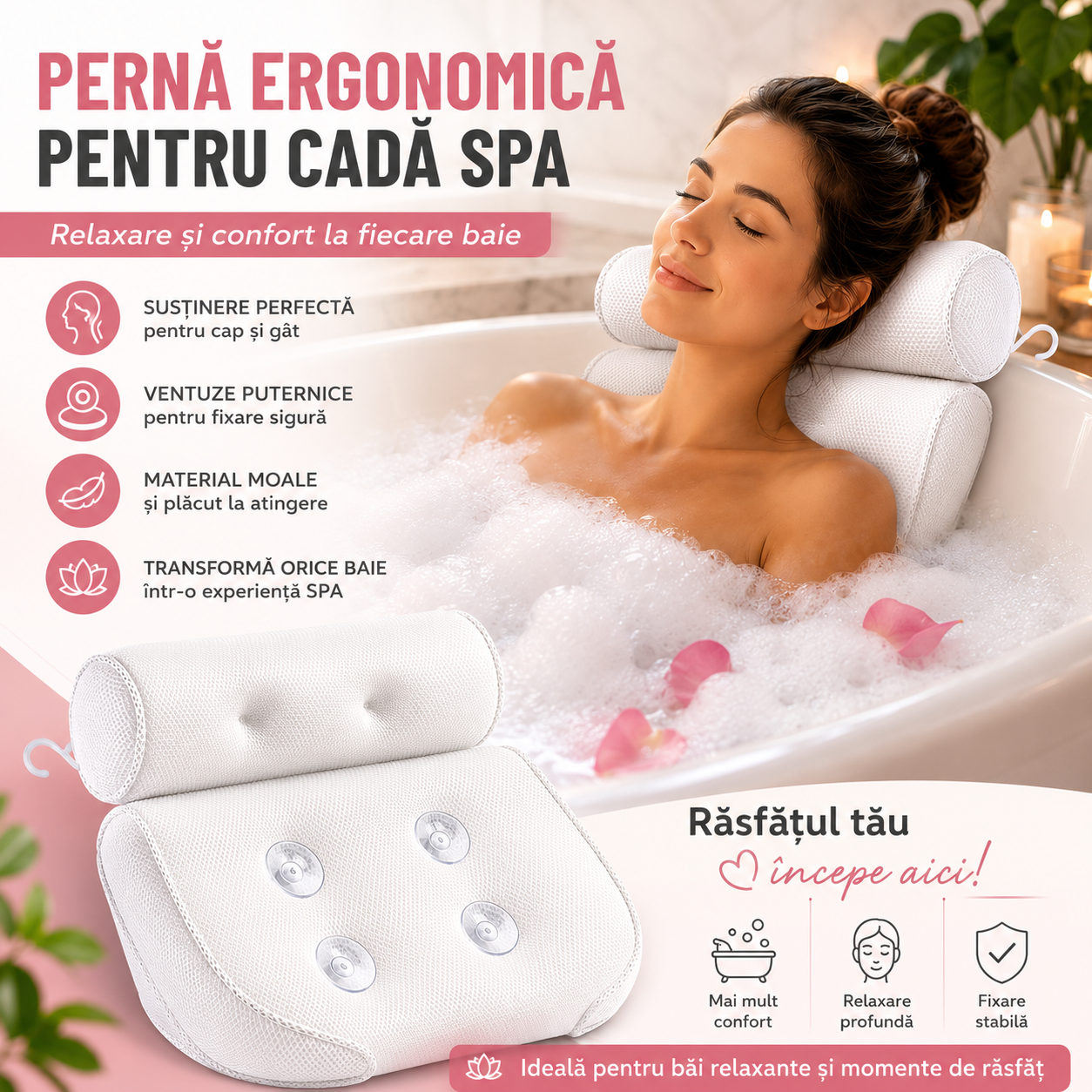 Pernă Ergonomică SPA cu ventuze pentru Cadă – Relaxare și Confort la Fiecare Baie
