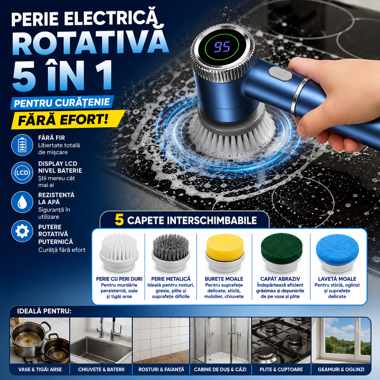 Perie Electrică Rotativă 5 în 1 pentru Curățenie Fără Efort