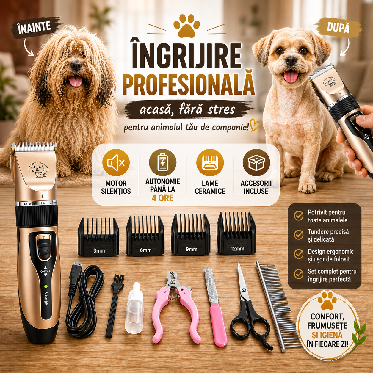 Set Profesional Pentru Îngrijirea Animalelor – Mașină De Tuns Cu 4 Accesorii De Reglaj Și Clește Pentru Unghii
