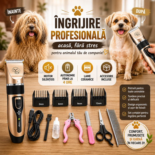 Set Profesional Pentru Îngrijirea Animalelor – Mașină De Tuns Cu 4 Accesorii De Reglaj Și Clește Pentru Unghii
