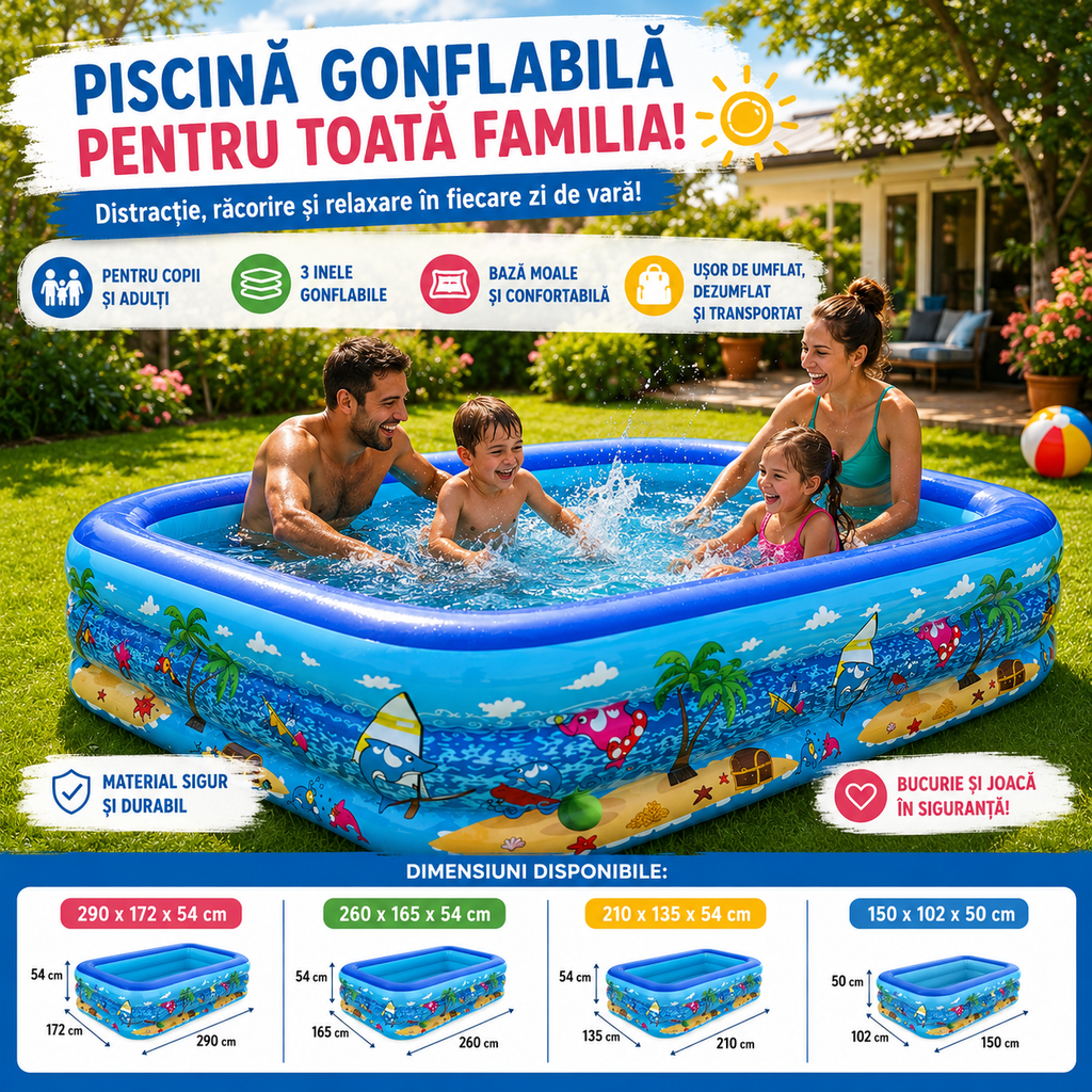Piscină Gonflabilă XXXL pentru Copii și Adulți, 3 Inele, Bază Moale Gonflabilă, 4 Dimensiuni
