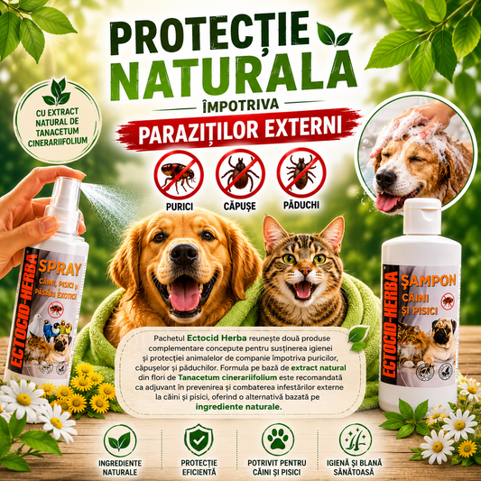 Pachet Ectocid Herba Purici & Căpușe – Spray Antiparazitar 100 ml + Șampon Antiparazitar 200 ml pentru Câini și Pisici