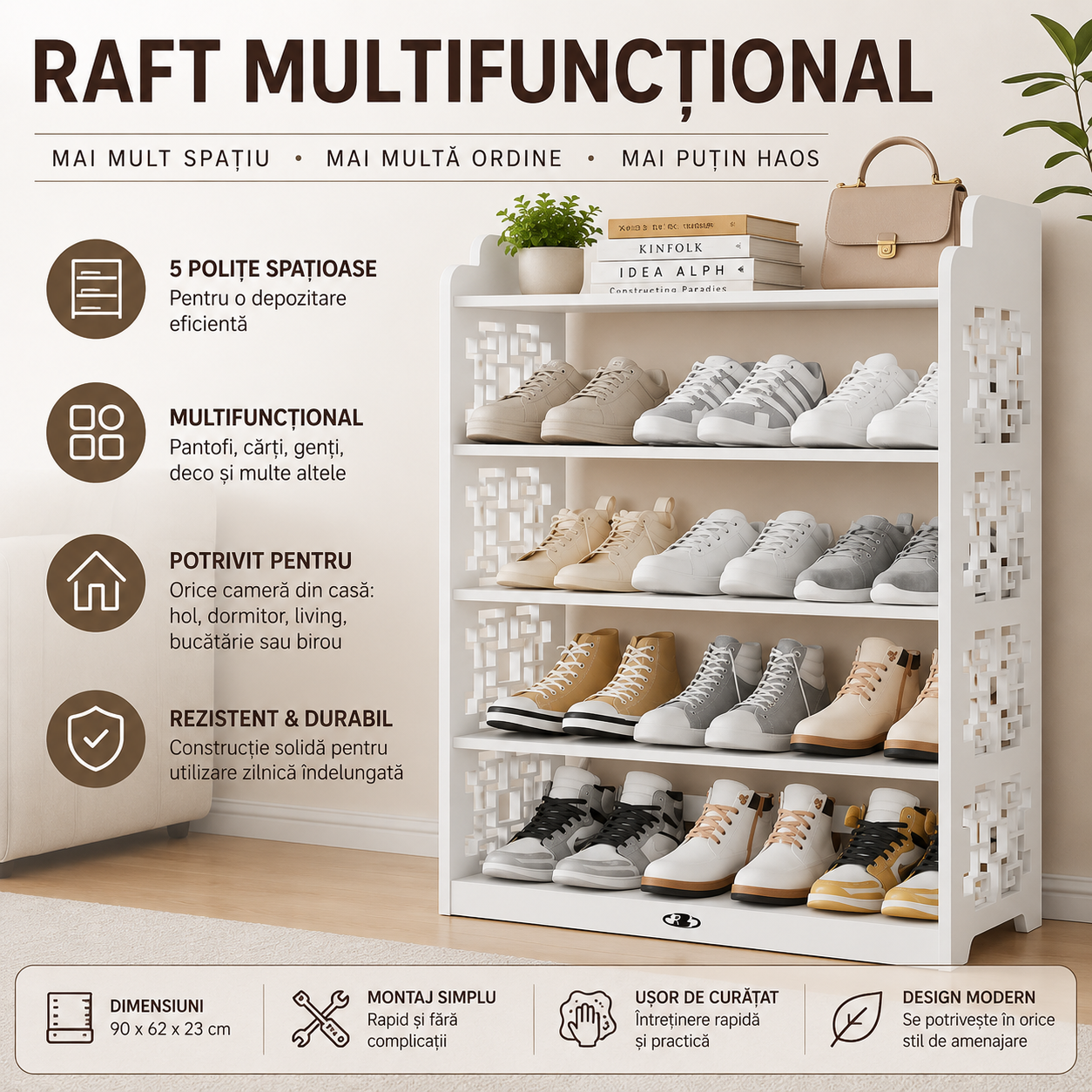 Raft Multifuncțional din Lemn cu 5 Polițe 90x62x23 cm – Suport pentru Pantofi, Bibliotecă și Organizator