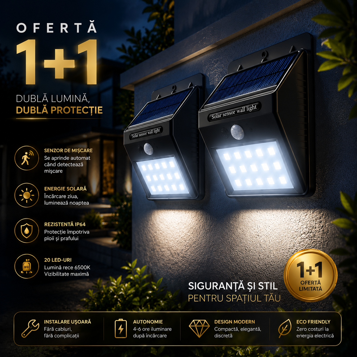 OFERTĂ 1+1 – Lampă Solară LED cu Senzor MotionLight Compact, 20 LED, 6500K, IP64, Negru