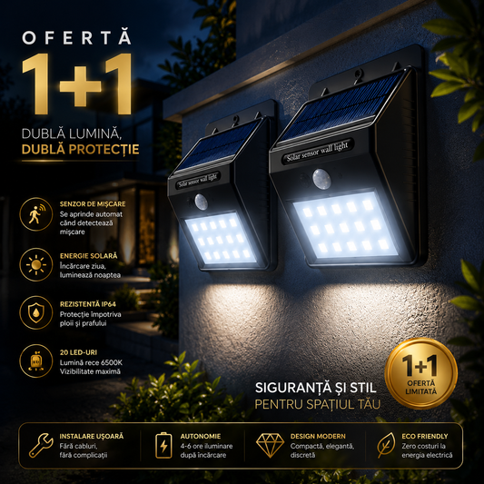 OFERTĂ 1+1 – Lampă Solară LED cu Senzor MotionLight Compact, 20 LED, 6500K, IP64, Negru