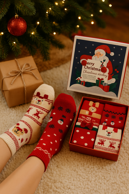 Set 4 Perechi Șosete din Bumbac cu Model de Crăciun și Cutie Cadou