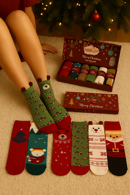 Set 6 Perechi Șosete din Bumbac – Modele de Crăciun + Cutie Cadou