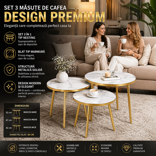Set 3 Măsuțe de Cafea Tip Nesting – Blat Marmură, Alb & Auriu, Design Premium