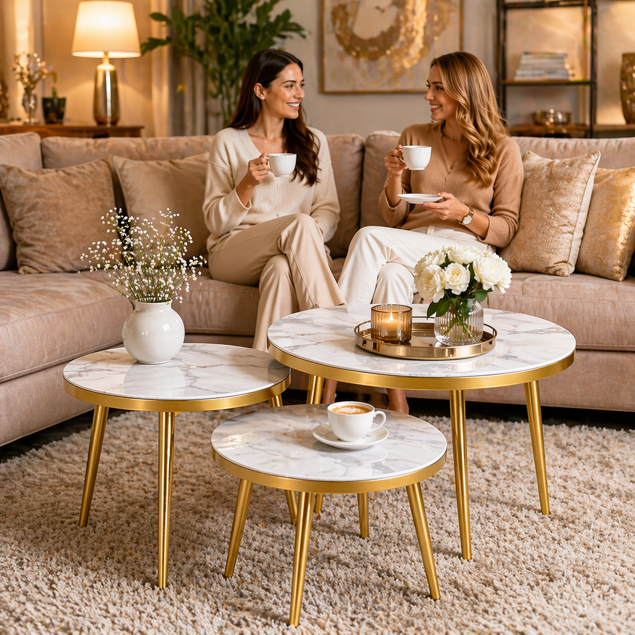 Set 3 Măsuțe de Cafea Tip Nesting – Blat Marmură, Alb & Auriu, Design Premium