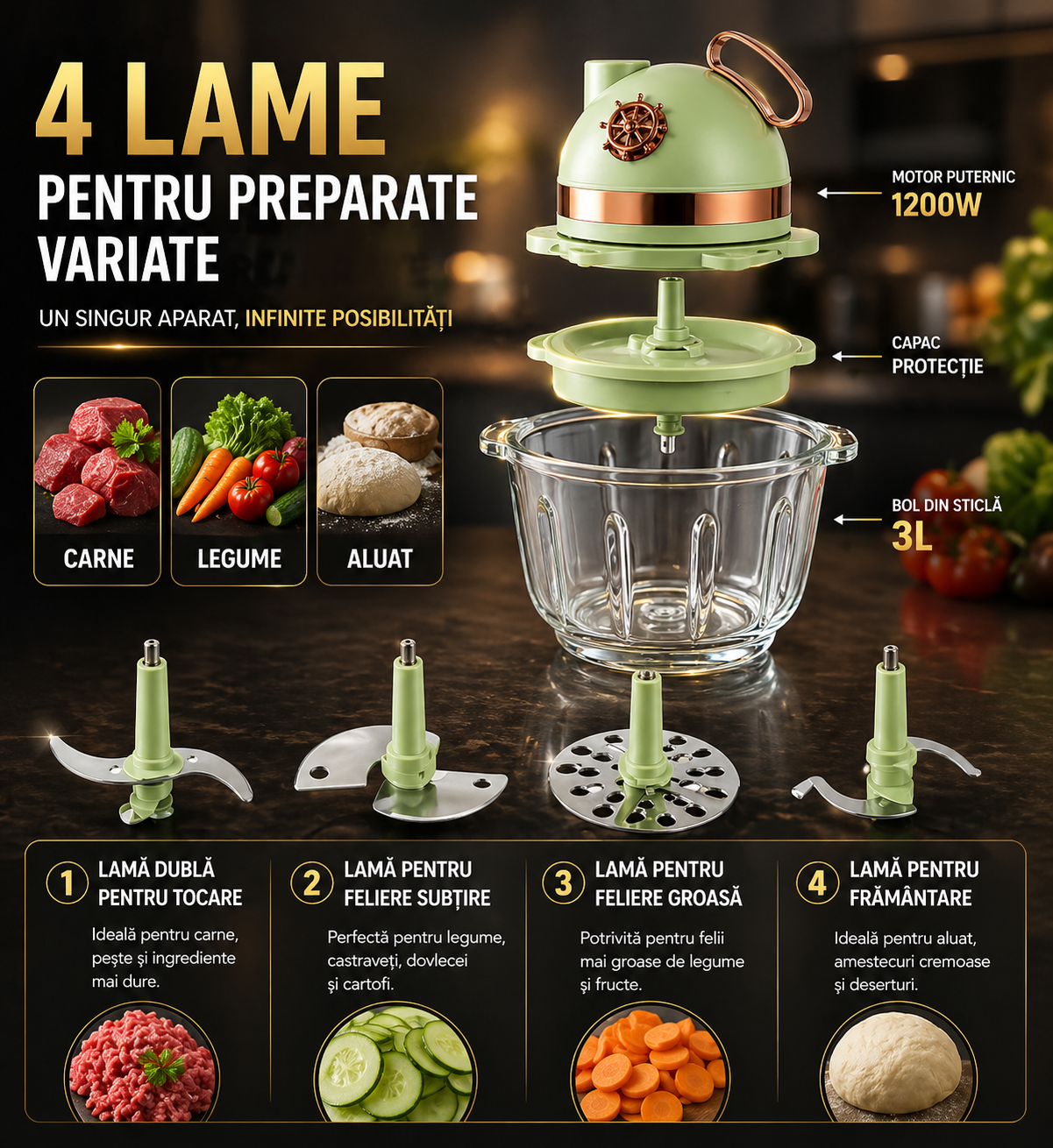 Tocător Electric Multifuncțional 4in1, Capacitate 3L - 1200W, 4 Lame, Tăiere, Mărunțire, Carne & Aluat