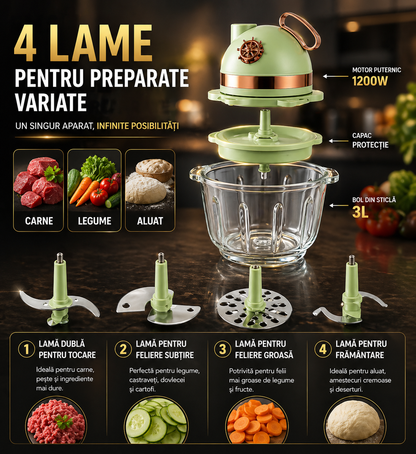 Tocător Electric Multifuncțional 4in1, Capacitate 3L - 1200W, 4 Lame, Tăiere, Mărunțire, Carne & Aluat