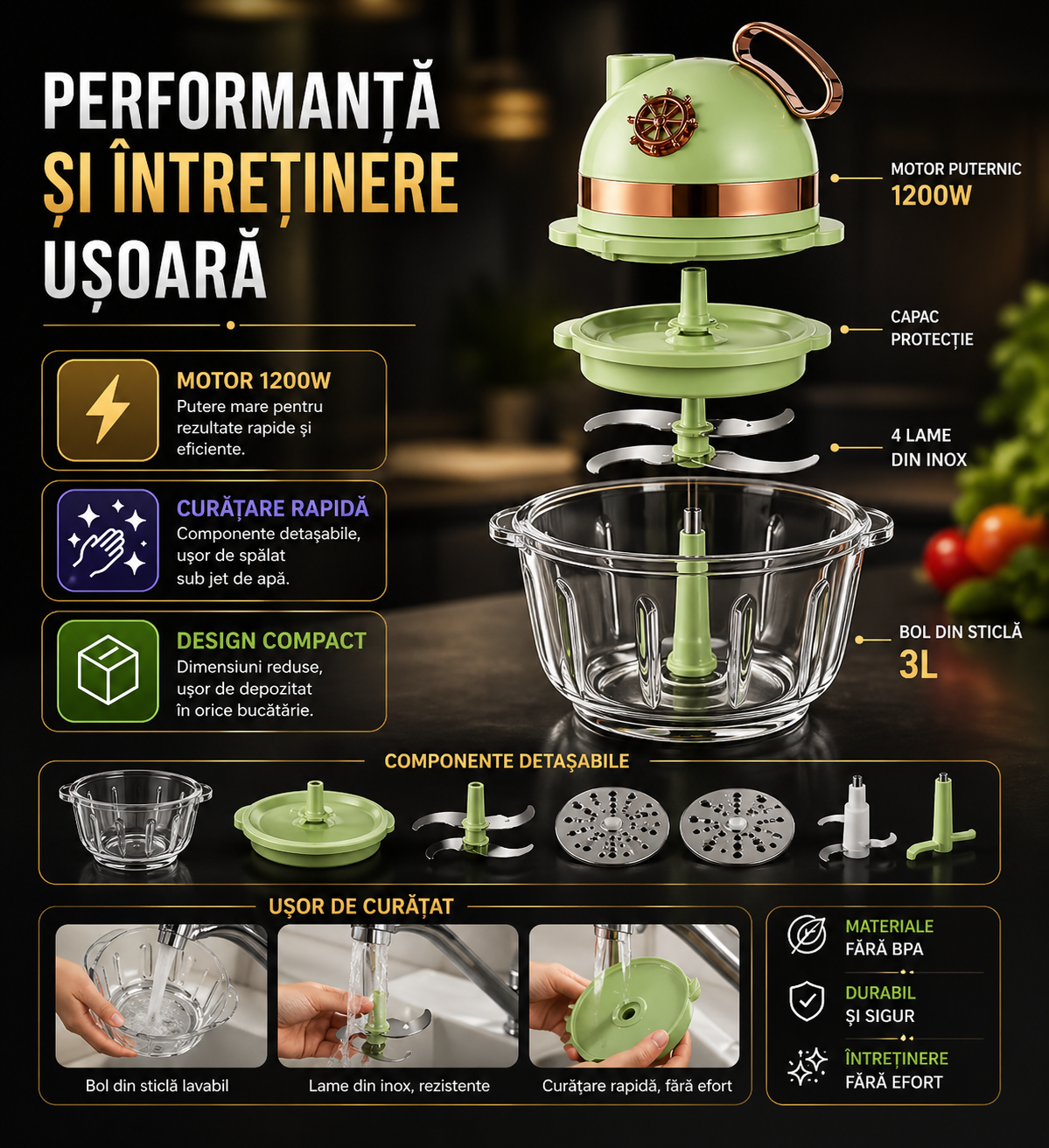 Tocător Electric Multifuncțional 4in1, Capacitate 3L - 1200W, 4 Lame, Tăiere, Mărunțire, Carne & Aluat