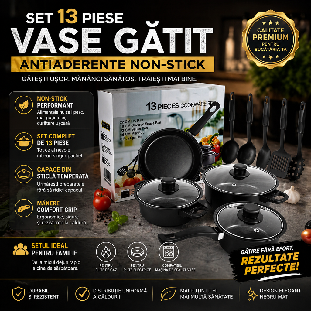 Set 13 Piese Vase Gătit Antiaderente Non-Stick – Gătești Ușor, Rapid și Fără Griji