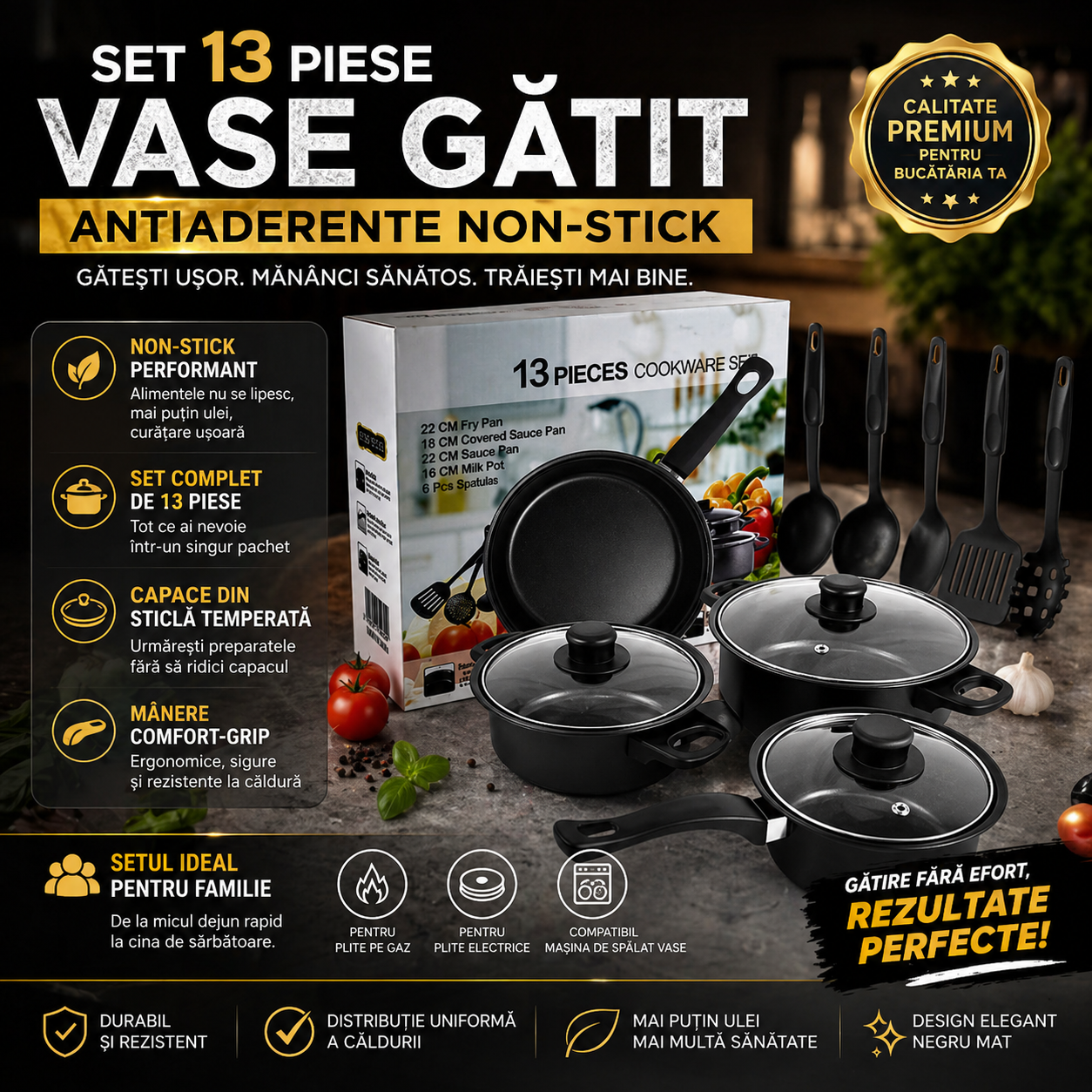 Set 13 Piese Vase Gătit Antiaderente Non-Stick – Gătești Ușor, Rapid și Fără Griji