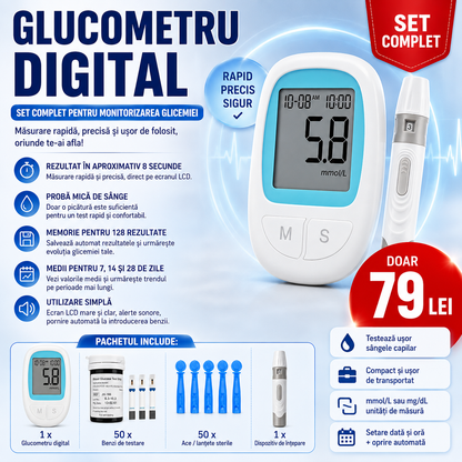 Glucometru Digital pentru Măsurarea Glicemiei, Set Complet cu 50 Benzi de Testare + 50 Ace/Lanțete + Dispozitiv de Înțepare