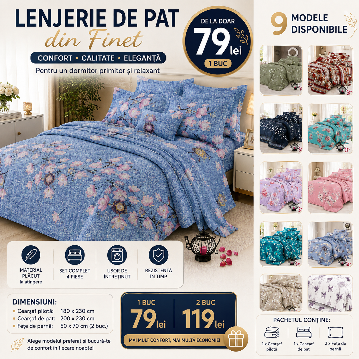 Lenjerie de Pat 4 Piese din Finet, Cearșaf Pilotă 180 × 230 cm, Cearșaf Pat 200 × 230 cm, 2 Fețe de Pernă 50 × 70 cm