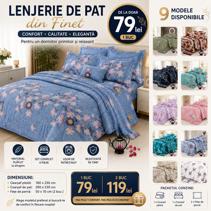 Lenjerie de Pat 4 Piese din Finet, Cearșaf Pilotă 180 × 230 cm, Cearșaf Pat 200 × 230 cm, 2 Fețe de Pernă 50 × 70 cm