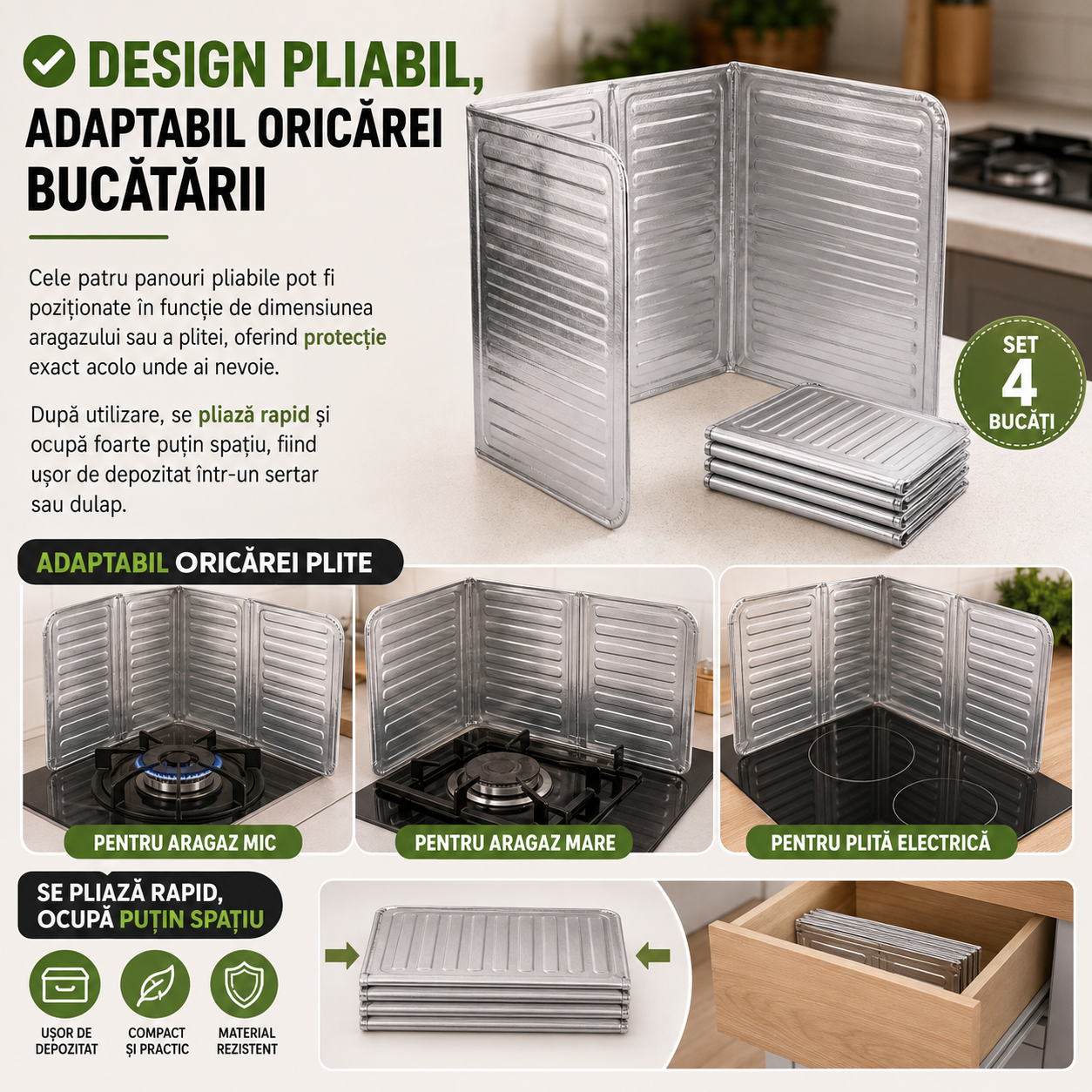 Set 4 Plăci de Protecție Anti-Stropi pentru Aragaz, Pliabile, din Aluminiu, 32.5 x 84 cm