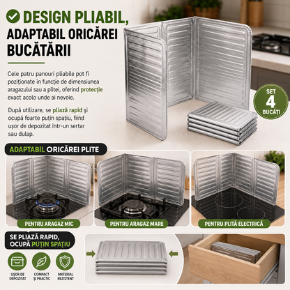 Set 4 Plăci de Protecție Anti-Stropi pentru Aragaz, Pliabile, din Aluminiu, 32.5 x 84 cm