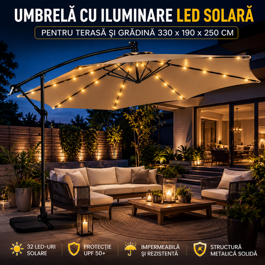 Umbrelă cu Iluminare LED Solară pentru Terasă și Grădină 330 × 190 × 250 cm, Hexagonală, Structură Metalică