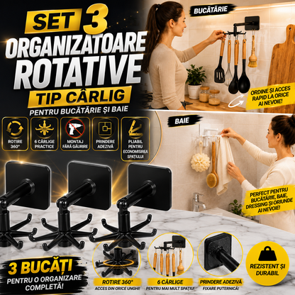 Set 3 Organizatoare Rotative cu 6 Cârlige – Soluția inteligentă pentru o casă mai ordonată