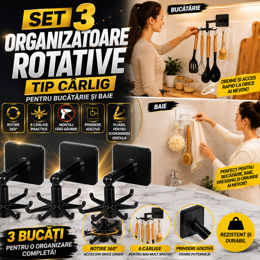 Set 3 Organizatoare Rotative cu 6 Cârlige – Soluția inteligentă pentru o casă mai ordonată