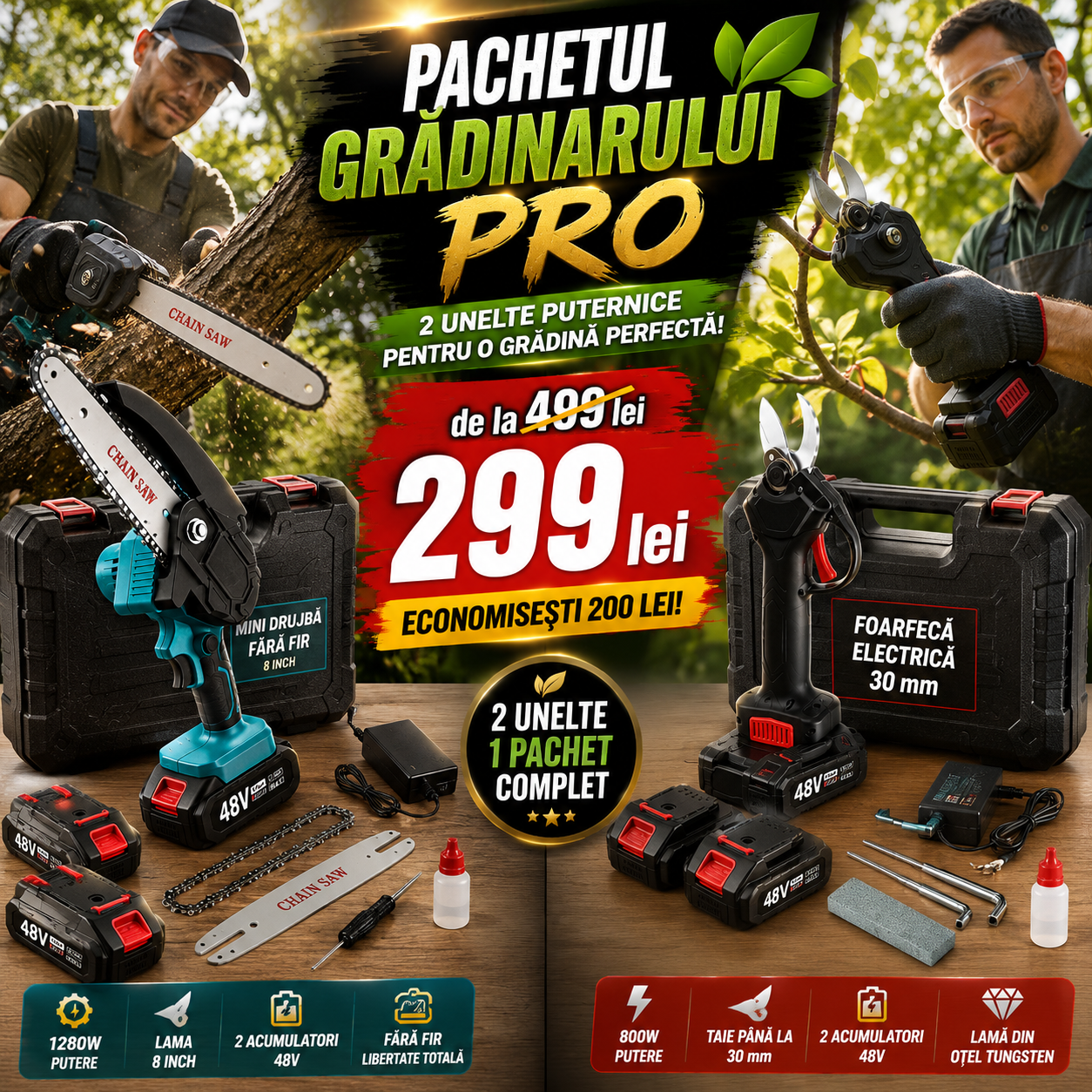Pachetul Grădinarului PRO – Mini Drujbă / Fierăstrău Fără Fir 8" + Foarfecă Electrică 30 mm, 4 Acumulatori 48V,