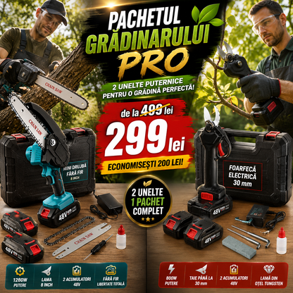 Pachetul Grădinarului PRO – Mini Drujbă / Fierăstrău Fără Fir 8" + Foarfecă Electrică 30 mm, 4 Acumulatori 48V,