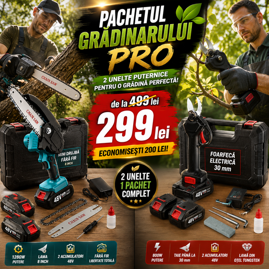 Pachetul Grădinarului PRO – Mini Drujbă / Fierăstrău Fără Fir 8" + Foarfecă Electrică 30 mm, 4 Acumulatori 48V,