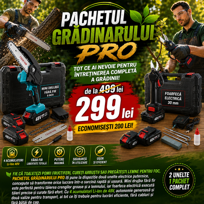 Pachetul Grădinarului PRO – Mini Drujbă / Fierăstrău Fără Fir 8" + Foarfecă Electrică 30 mm, 4 Acumulatori 48V,