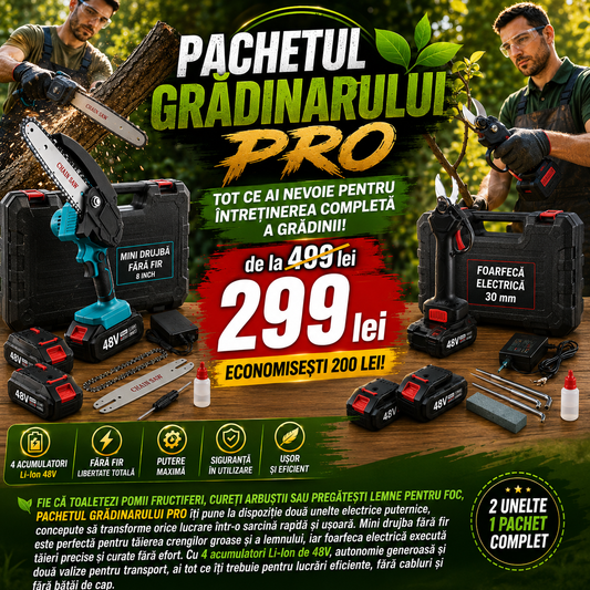 Pachetul Grădinarului PRO – Mini Drujbă / Fierăstrău Fără Fir 8" + Foarfecă Electrică 30 mm, 4 Acumulatori 48V,