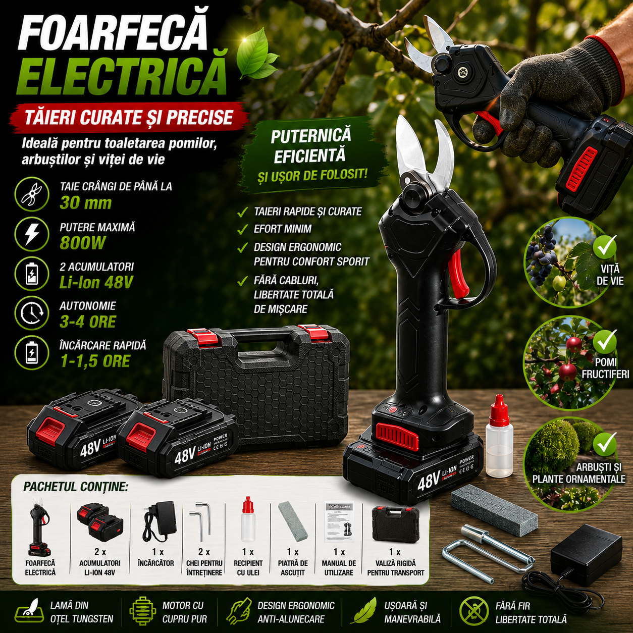 Pachetul Grădinarului PRO – Mini Drujbă / Fierăstrău Fără Fir 8" + Foarfecă Electrică 30 mm, 4 Acumulatori 48V,