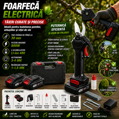 Pachetul Grădinarului PRO – Mini Drujbă / Fierăstrău Fără Fir 8" + Foarfecă Electrică 30 mm, 4 Acumulatori 48V,