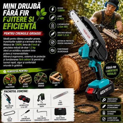 Pachetul Grădinarului PRO – Mini Drujbă / Fierăstrău Fără Fir 8" + Foarfecă Electrică 30 mm, 4 Acumulatori 48V,