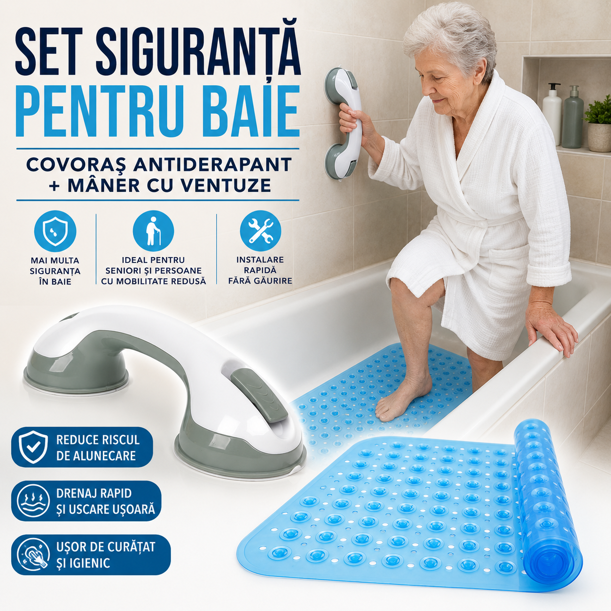 Set Siguranță pentru Baie – Covoraș Antiderapant + Mâner cu Ventuze