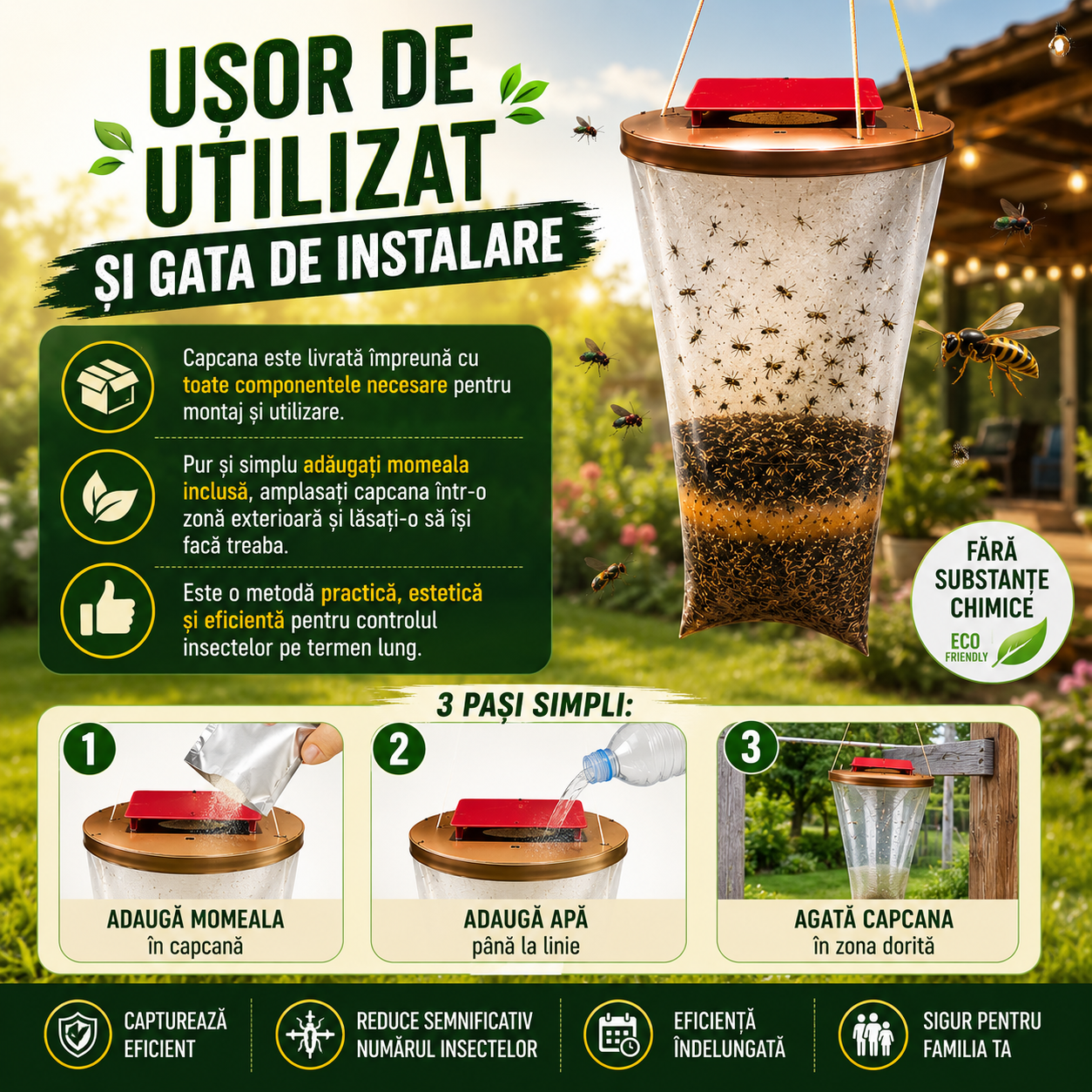 OFERTA 1+1 Capcană pentru Insecte – Soluția Eficientă pentru o Vară Fără Țânțari și Muște