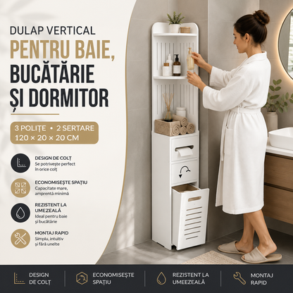 Dulap Vertical Multifuncțional pentru Baie, Bucătărie sau Dormitor, 3 Polițe și 2 Sertare, 120 x 20 x 20 cm
