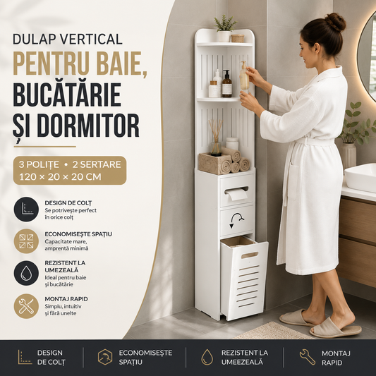 Dulap Vertical Multifuncțional pentru Baie, Bucătărie sau Dormitor, 3 Polițe și 2 Sertare, 120 x 20 x 20 cm