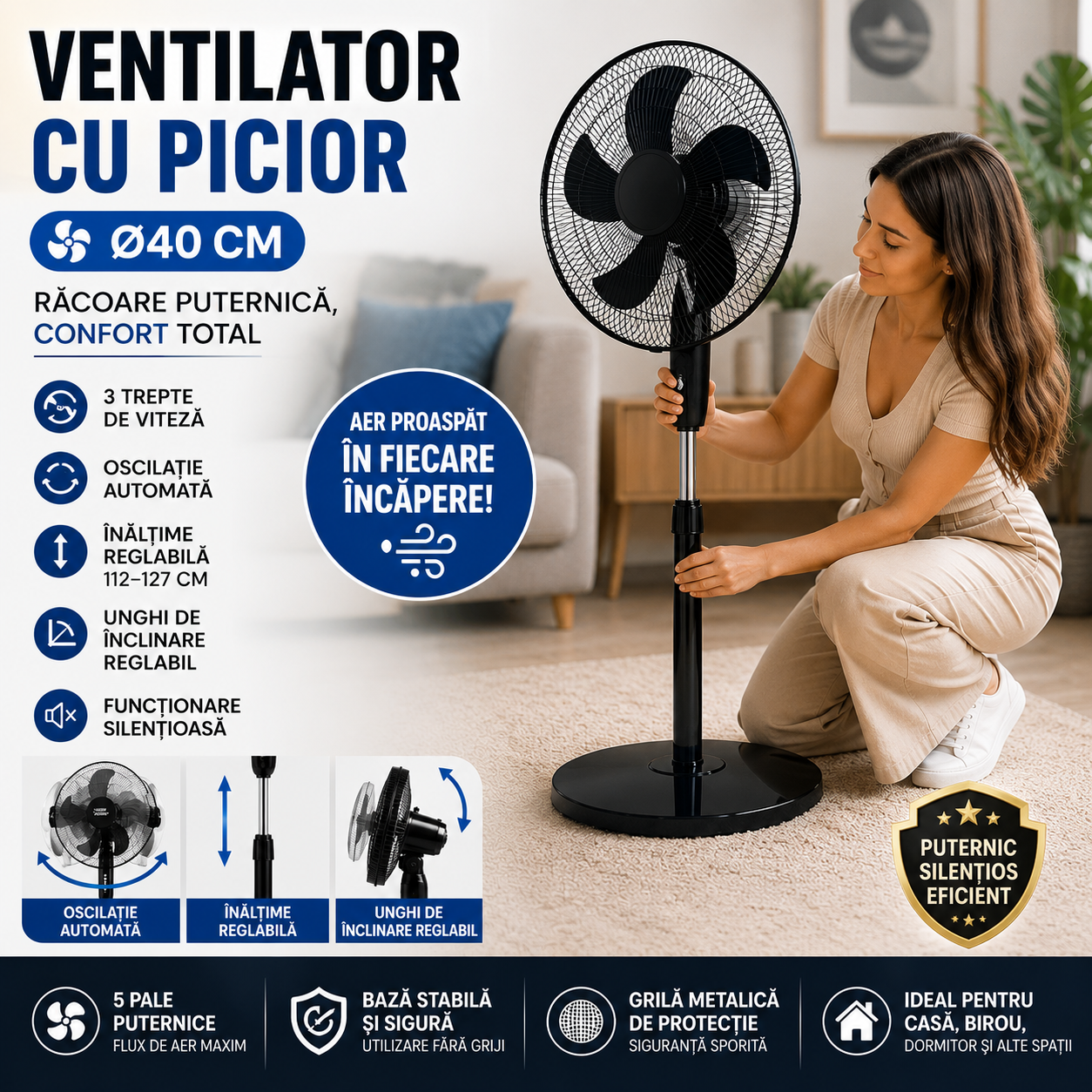 Ventilator cu Picior 40W – Oscilație Automată, 3 Trepte de Viteză, Înălțime Reglabilă, 40cm