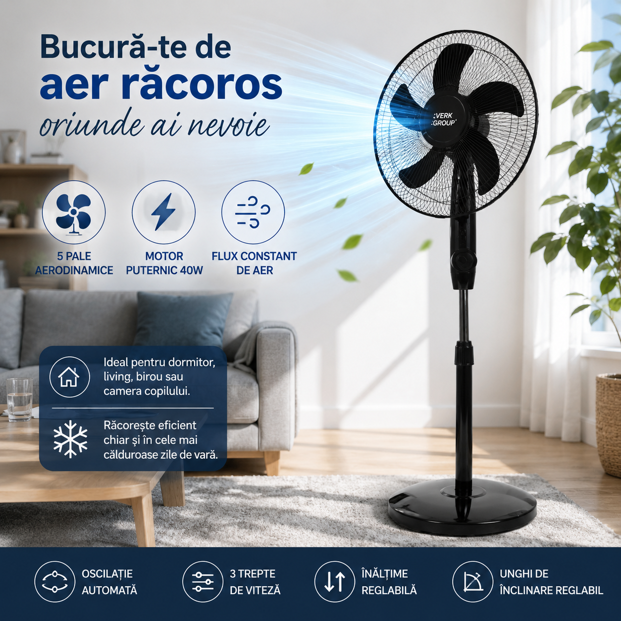 Ventilator cu Picior 40W – Oscilație Automată, 3 Trepte de Viteză, Înălțime Reglabilă, 40cm