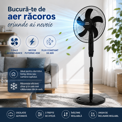 Ventilator cu Picior 40W – Oscilație Automată, 3 Trepte de Viteză, Înălțime Reglabilă, 40cm
