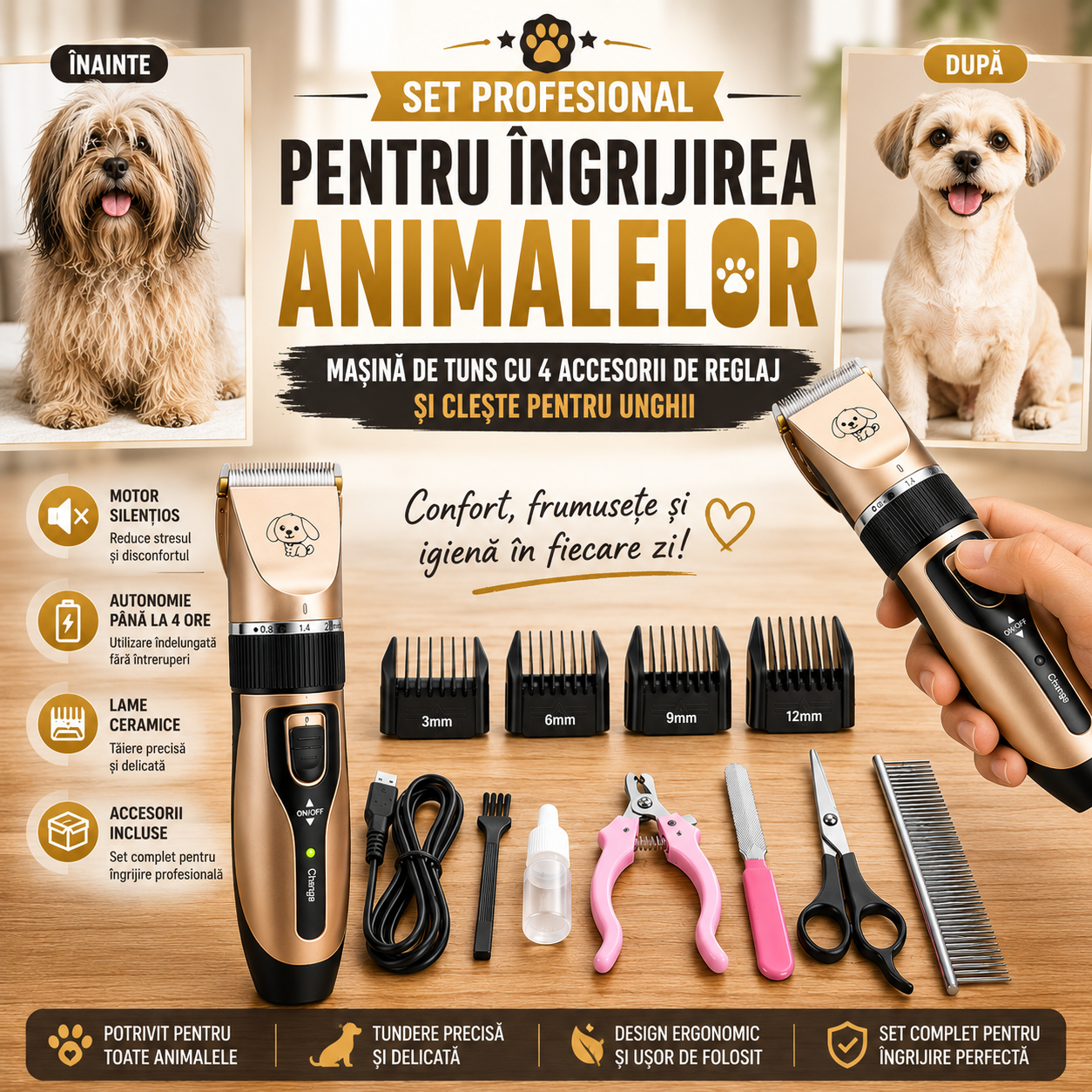 Set Profesional Pentru Îngrijirea Animalelor – Mașină De Tuns Cu 4 Accesorii De Reglaj Și Clește Pentru Unghii