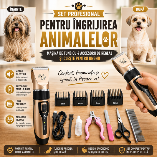 Set Profesional Pentru Îngrijirea Animalelor – Mașină De Tuns Cu 4 Accesorii De Reglaj Și Clește Pentru Unghii