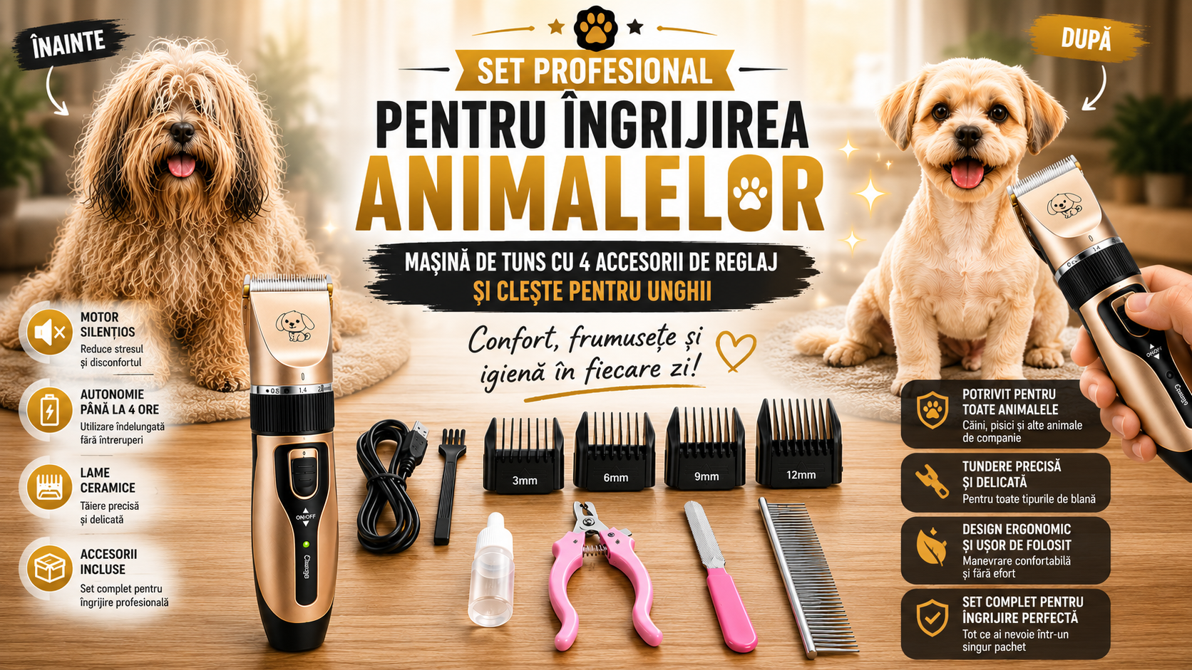 Set Profesional Pentru Îngrijirea Animalelor – Mașină De Tuns Cu 4 Accesorii De Reglaj Și Clește Pentru Unghii